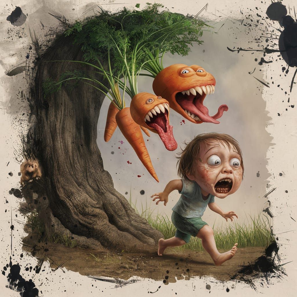 Grotesque Cartoon Carrots Attack Frightened Child
