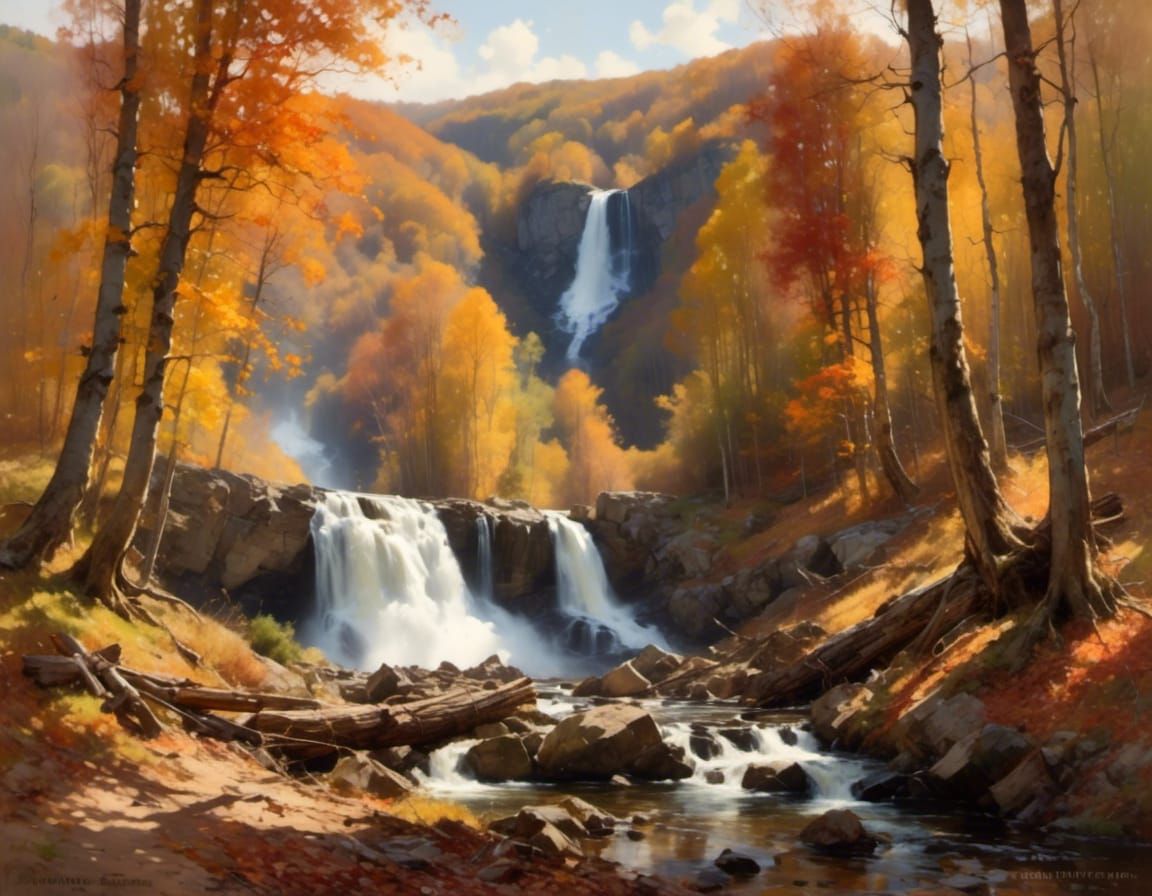 Autumn Woodland Waterfall with Sunlight