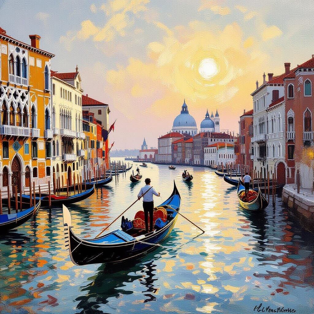 Impressionist Venice Scene with Gondolas in Golden Sunlight