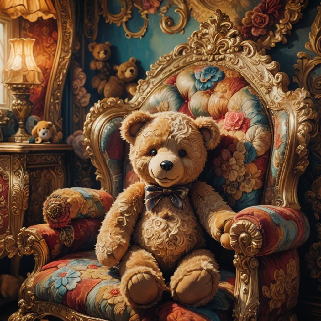 Laughing Teddy Bear in Whimsical Room: Oil Painting