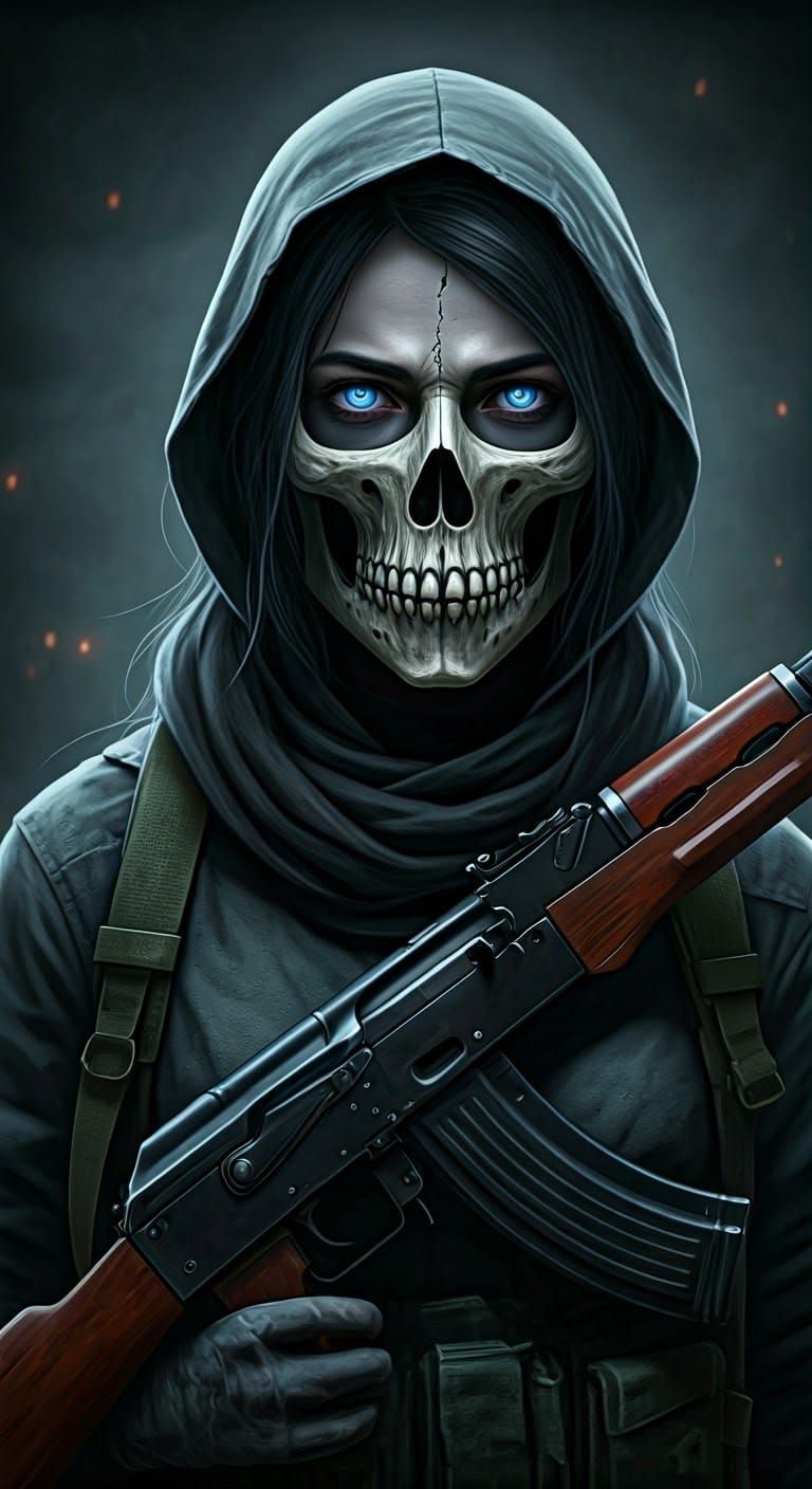Eerie Ghost Girl with Skull Mask and AK-47