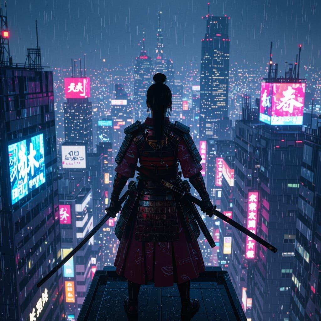 Cyberpunk Samurai Warrior in Neon Cityscape