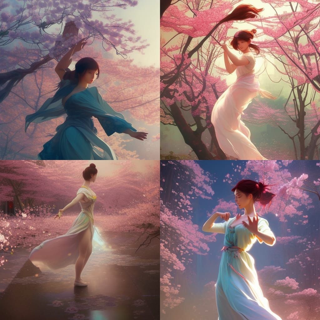 Dancing Girl in Cherry Blossoms, Detailed Art
