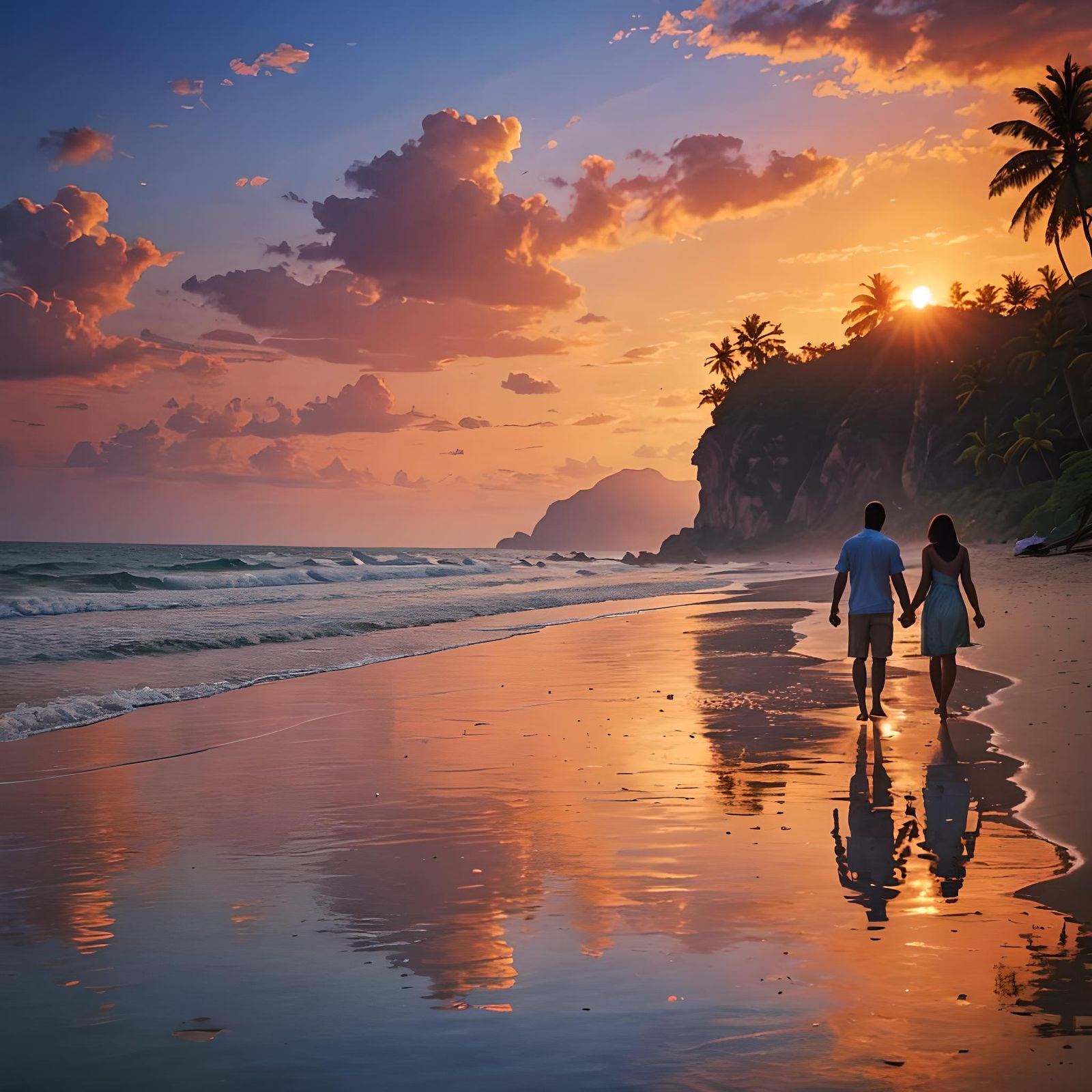Romantic Couple Silhouetted at Sunset Beach