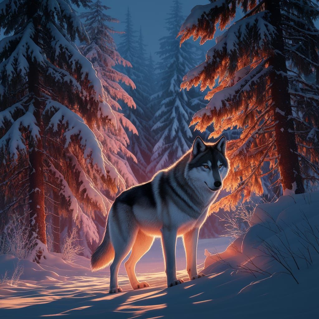 Ethereal Dire Wolf in Winter Forest, Matte Painting