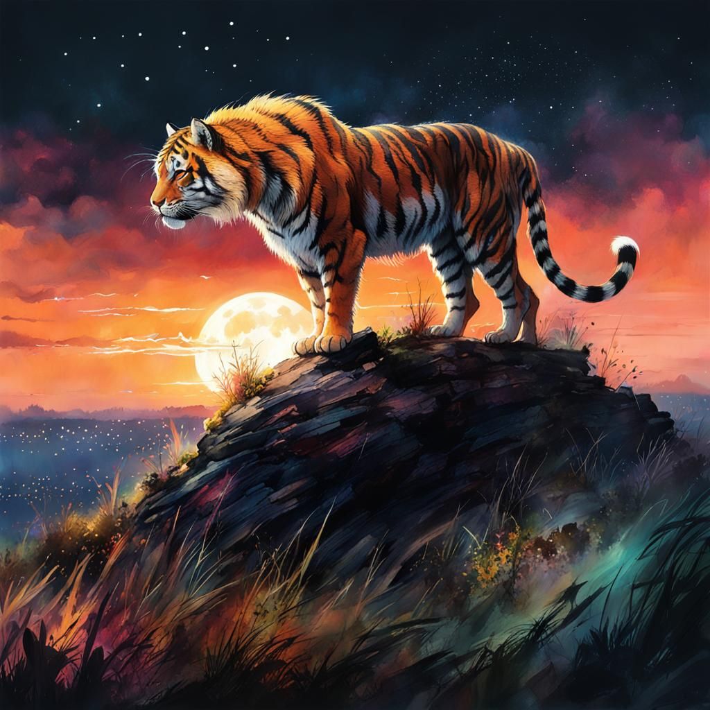 Prehistoric Sabretooth Tiger in Sci-Fi Watercolor Landscape