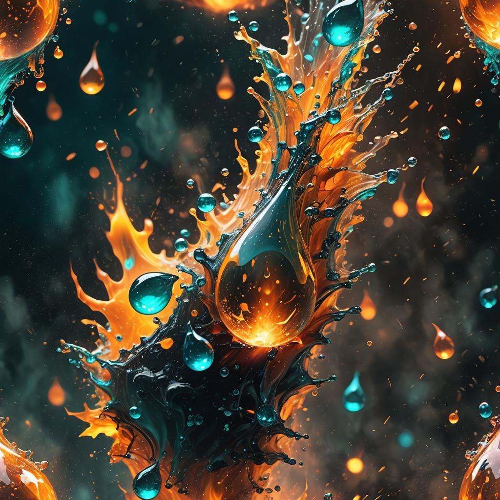 Burning Water Drop in Ethereal Black Landscape