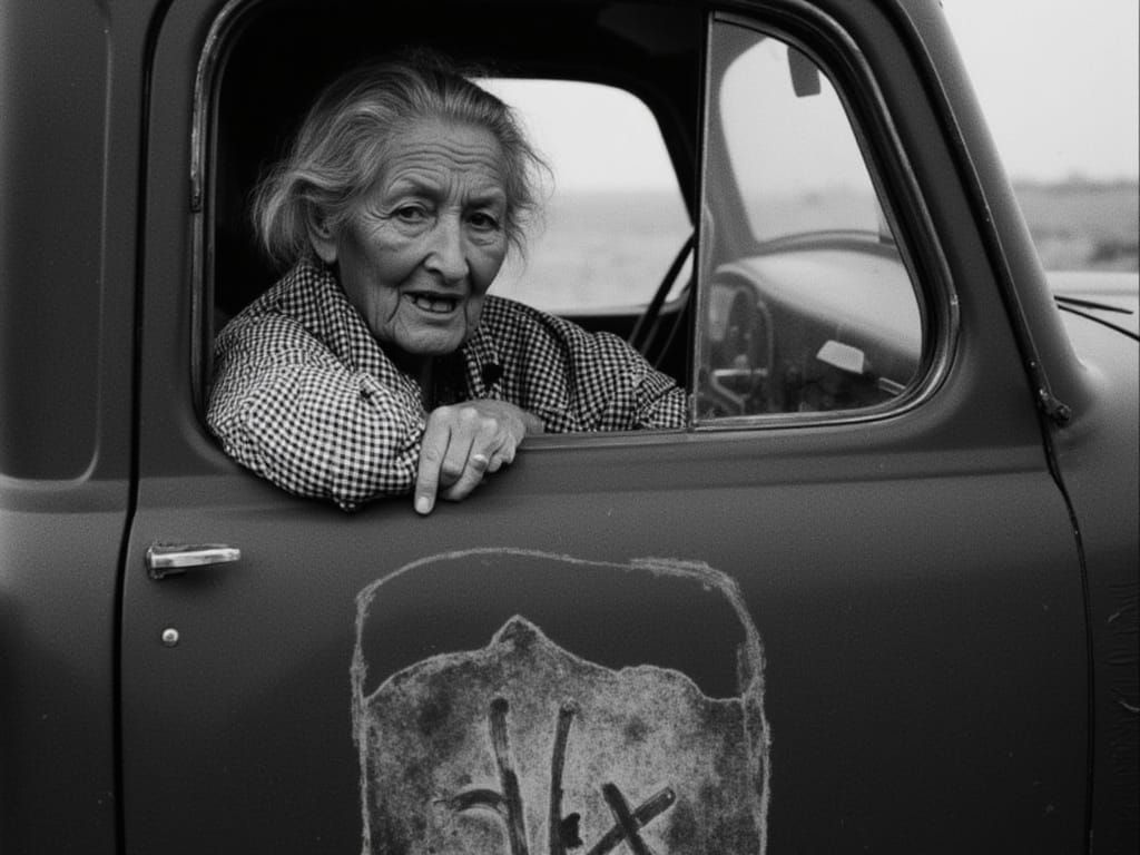 Dust Bowl Mom Driving Vintage Chevy Truck