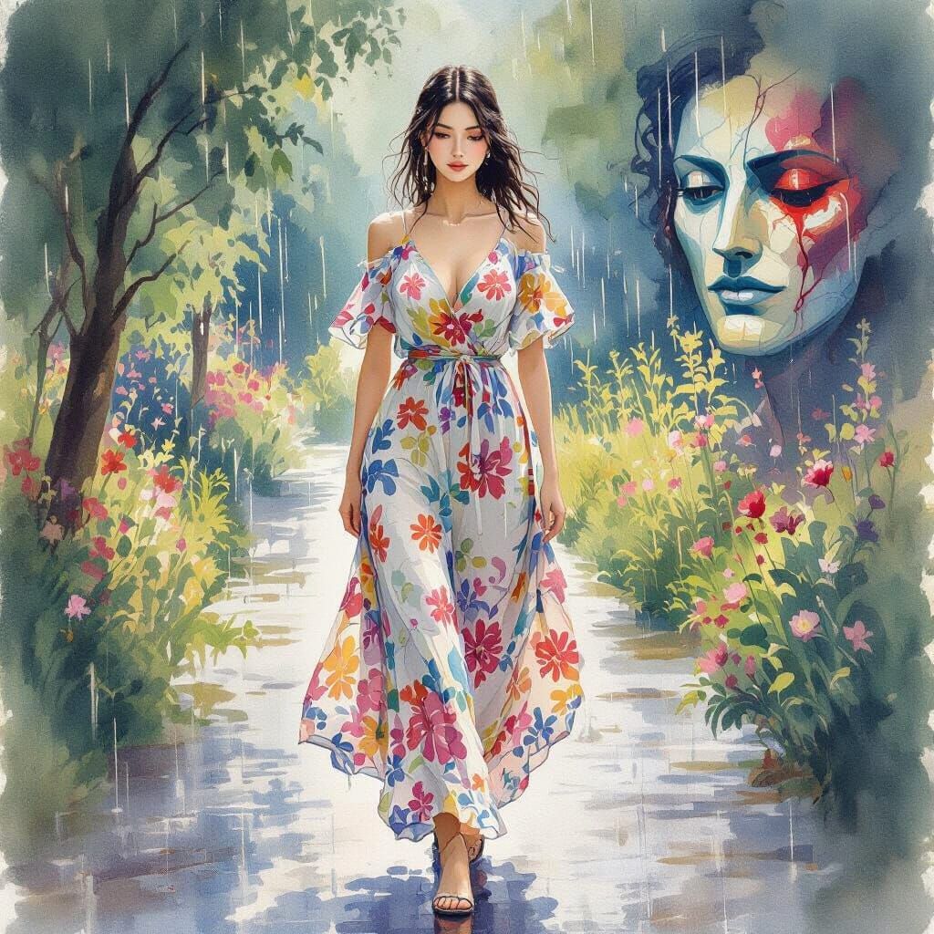 Woman Walks in Summer Rain with Impressionistic Brushstrokes