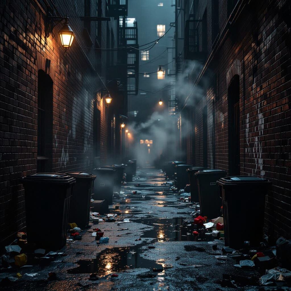 Dark Alleyway Background with Trash and Smoke