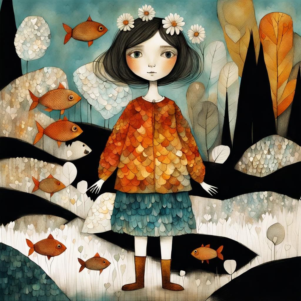 Big-Eyed Girl in Fish Scale Dress Sketch