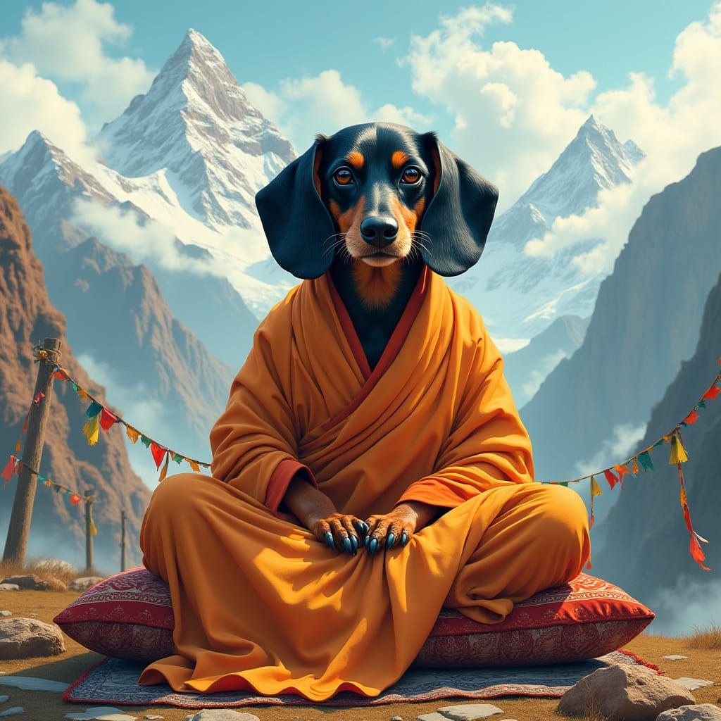 Dachshund Sage in the Himalayas, Photorealistic Style