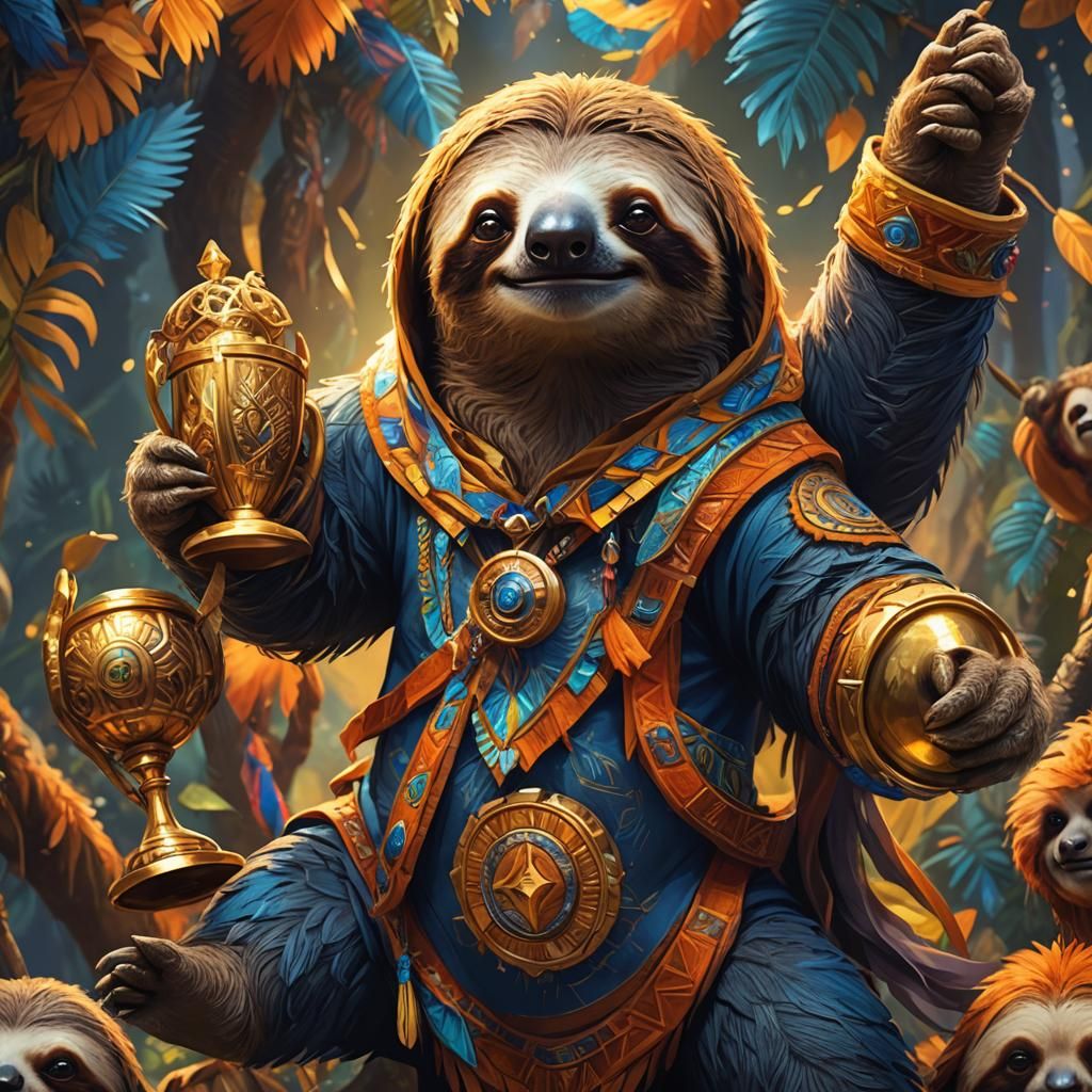 Sloth Celebrates Victory: Fantasy Art Inspired by Rutkowski