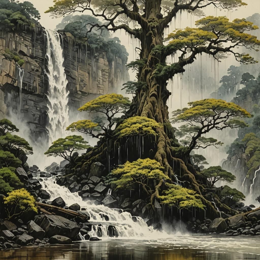 Magical Arborpunk Waterfalls as Vintage Watercolor