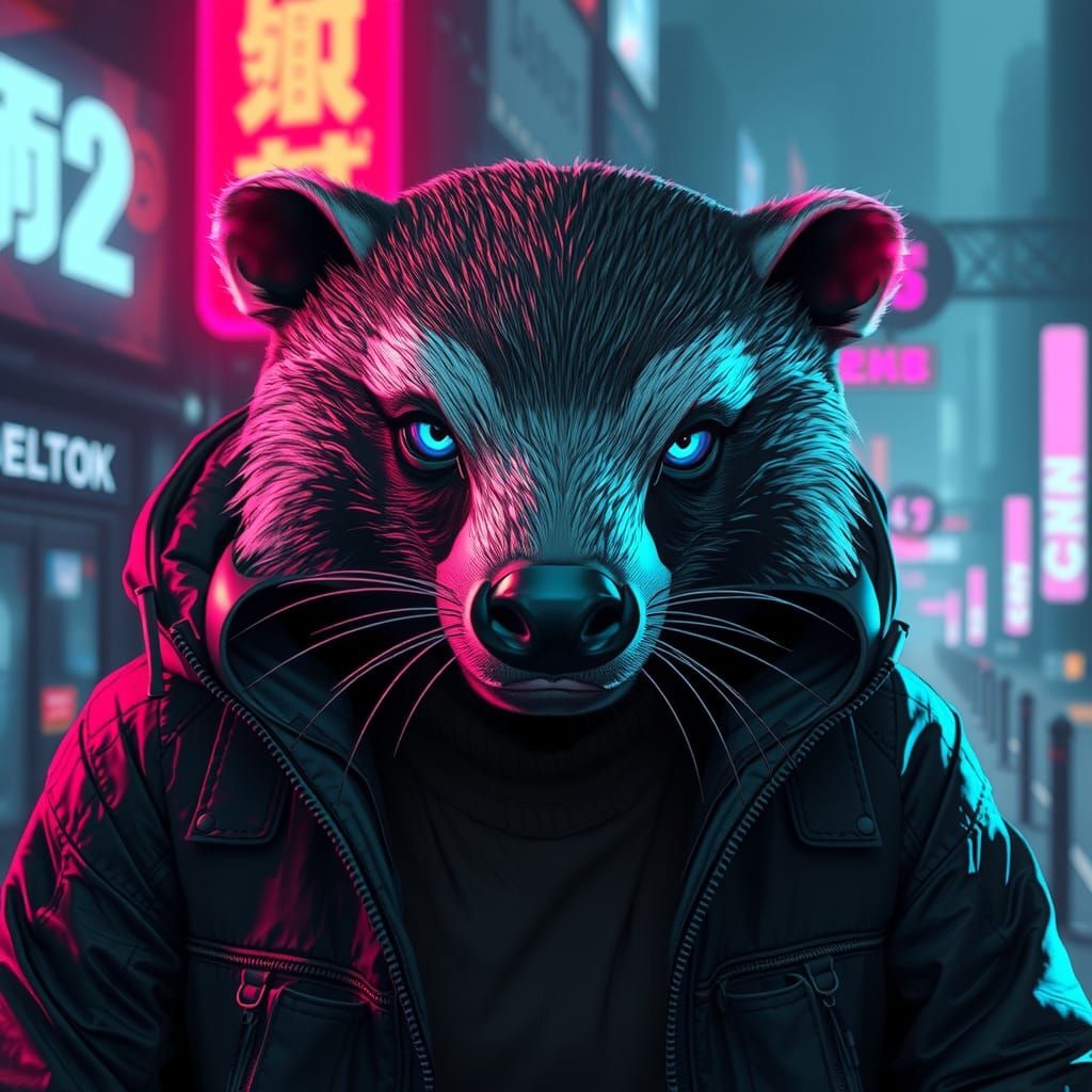 Cyberpunk Badger in Neon Cityscape