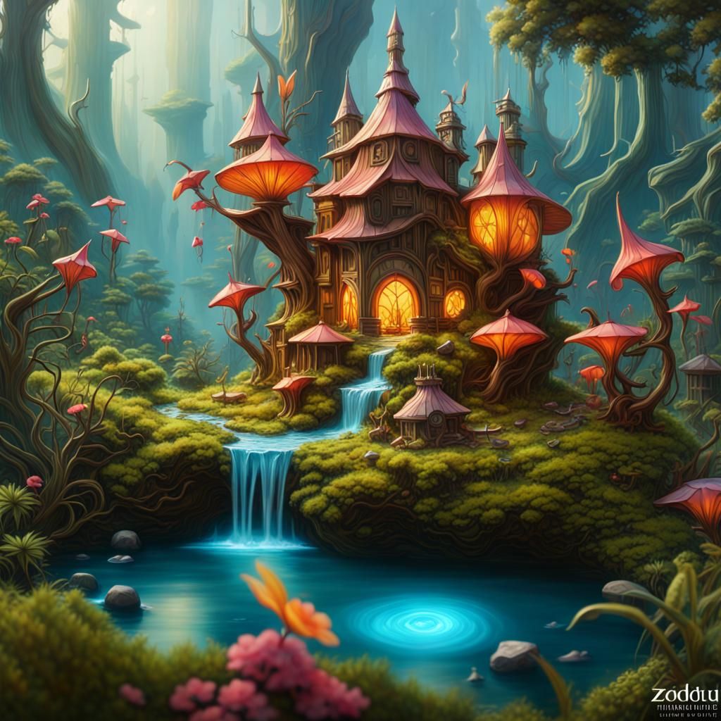 Luxurious, Phosphorescent Fairy Village, Hyper-Realistic, 8K...
