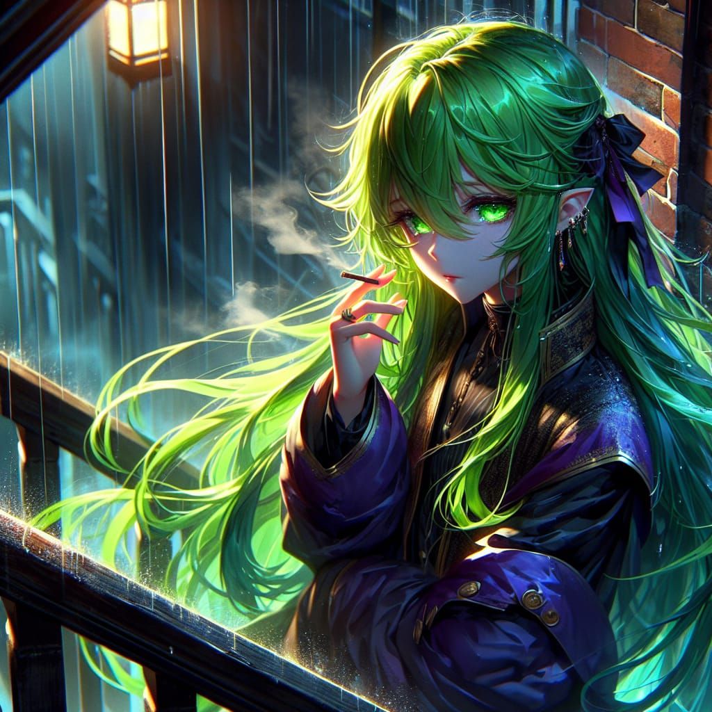 Anime Girl Smoking in Rainy Stairwell, Fantasy Art