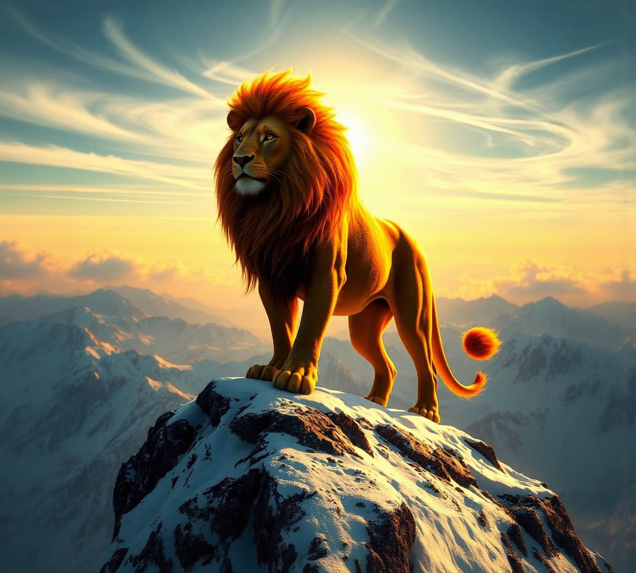 Fiery Lion on Snowy Peak, Hyperrealistic Fantasy Art