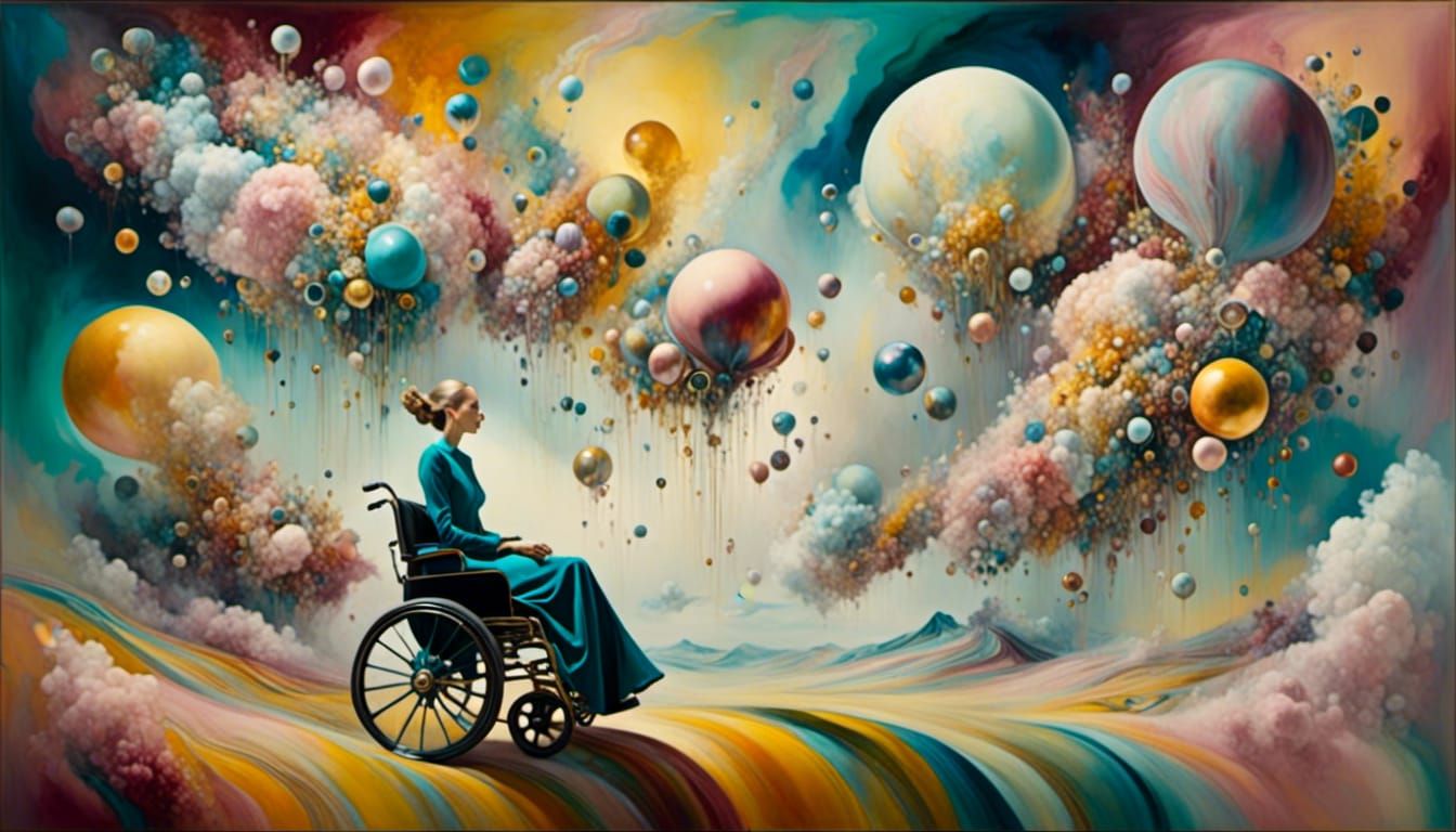 Surreal Dreamscape: Woman in Floating Wheelchair