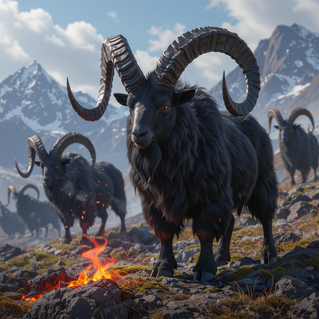 Obsidian Horned Mountain Goats in Anime Style