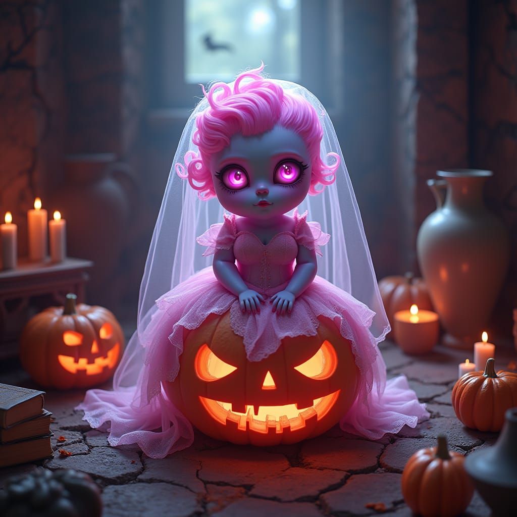 Chubby Pink Bride of Frankenstein on Pumpkin
