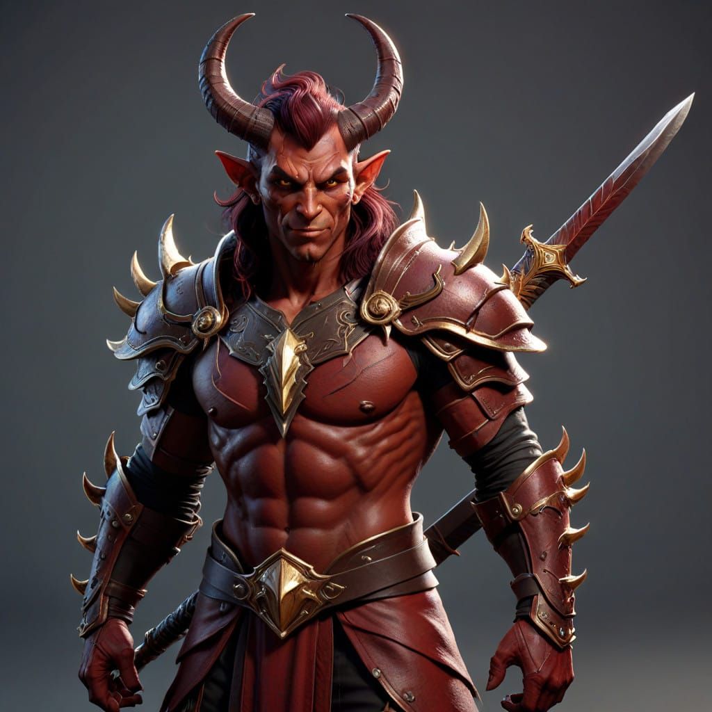 Ethereal Tiefling Warrior in Gold and Crimson
