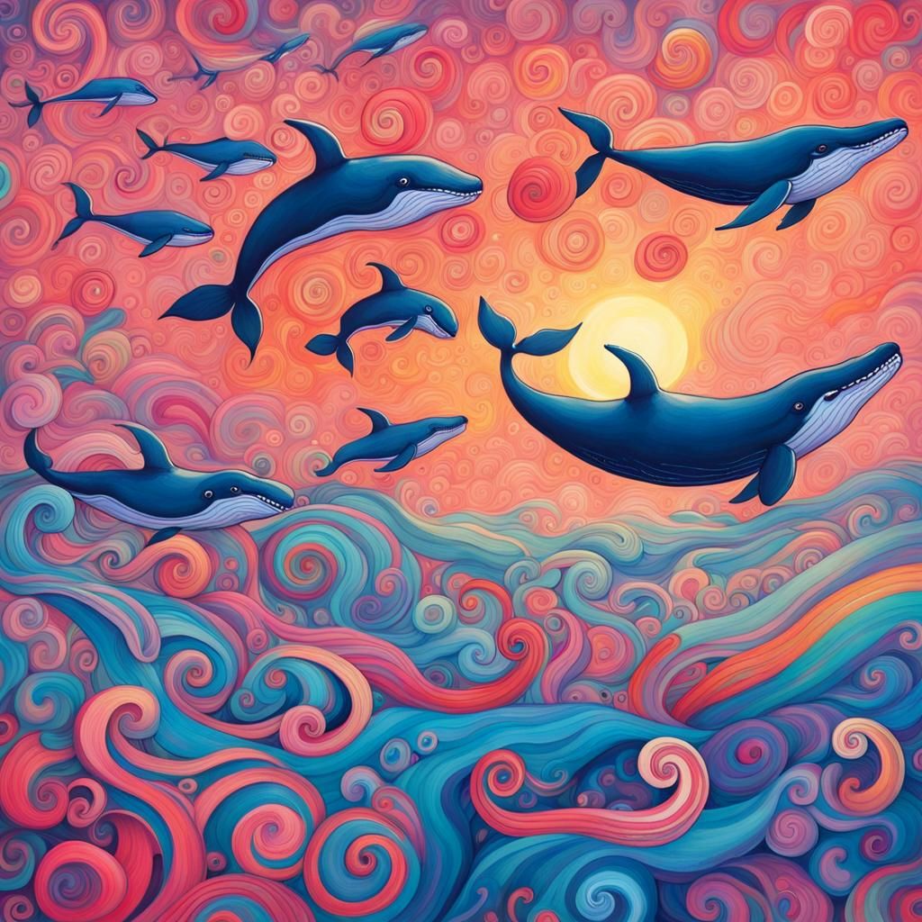 Whales Flying in Sunset Candyland Wonderland