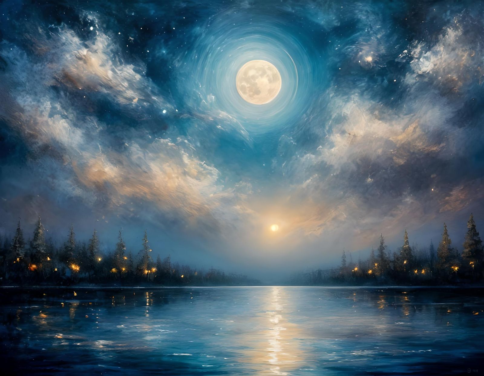 Surreal Moon Portrait Over Calm Lake as Impasto Painting