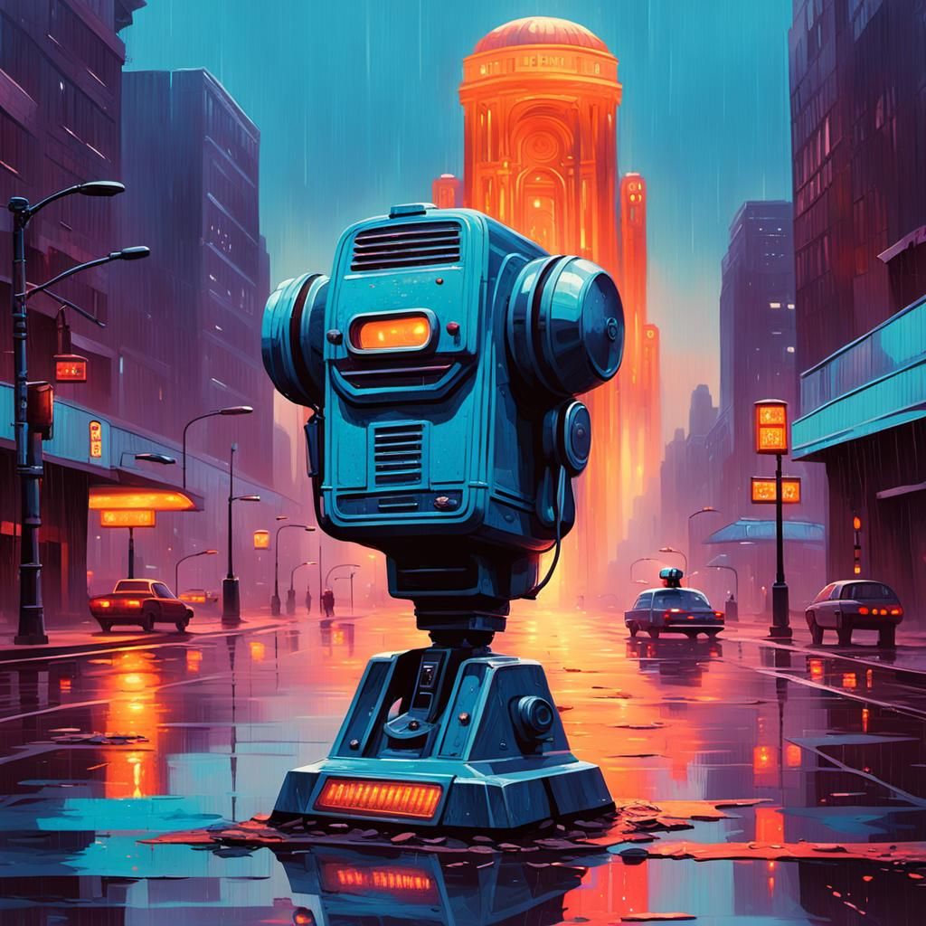 Vintage Microphone in Dystopian Cityscape