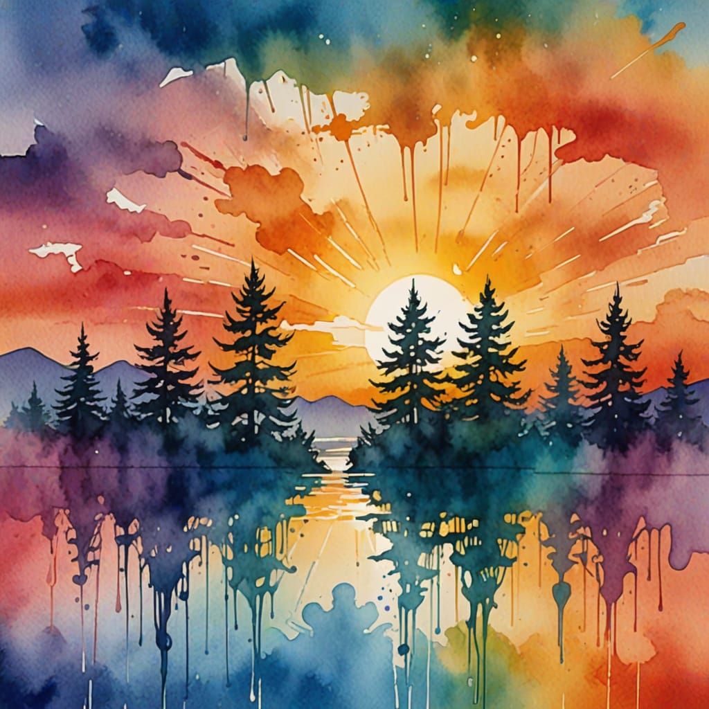 Vibrant Dripping Watercolour Sunset Landscape