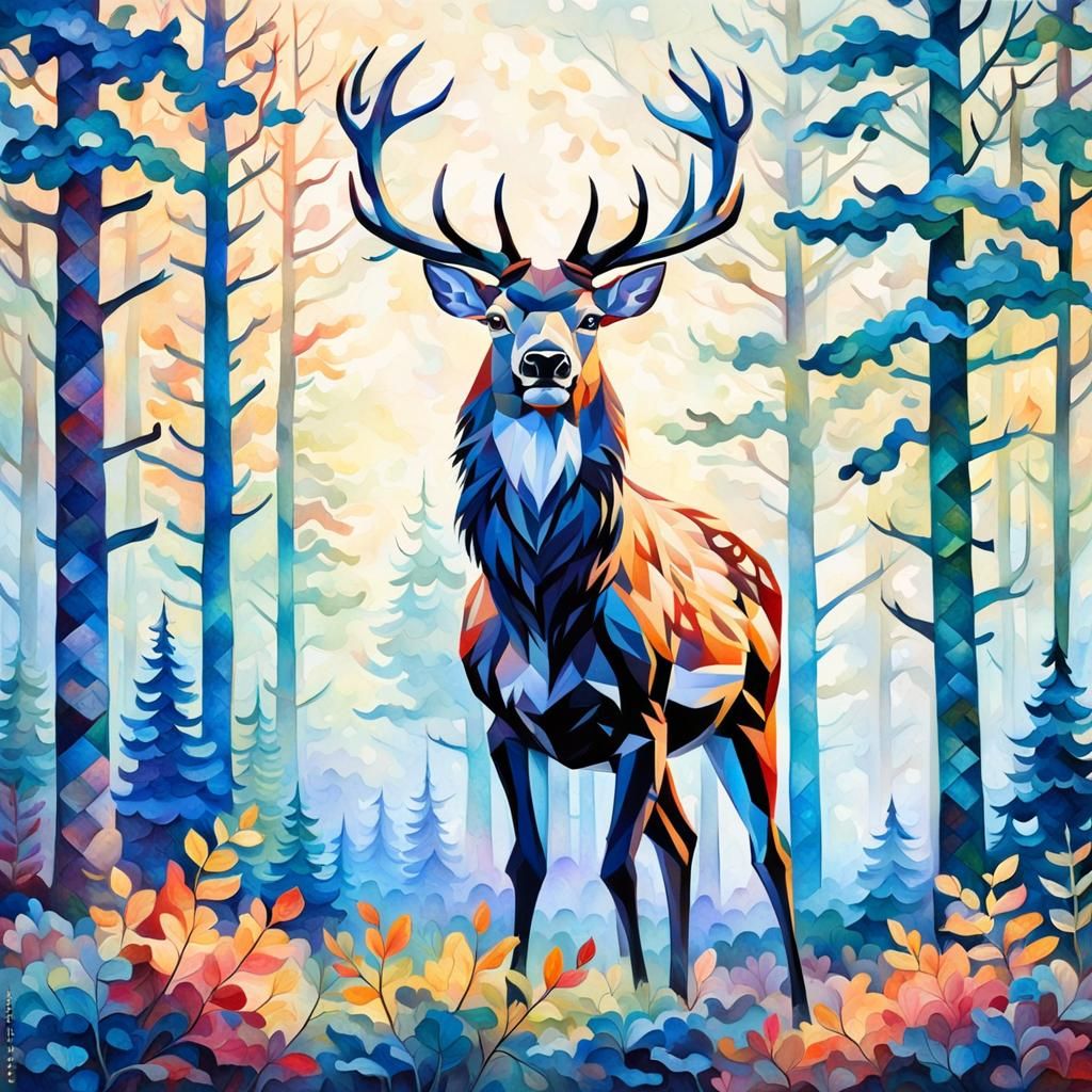Stag in Forest at Dawn: Gouache Watercolor Style