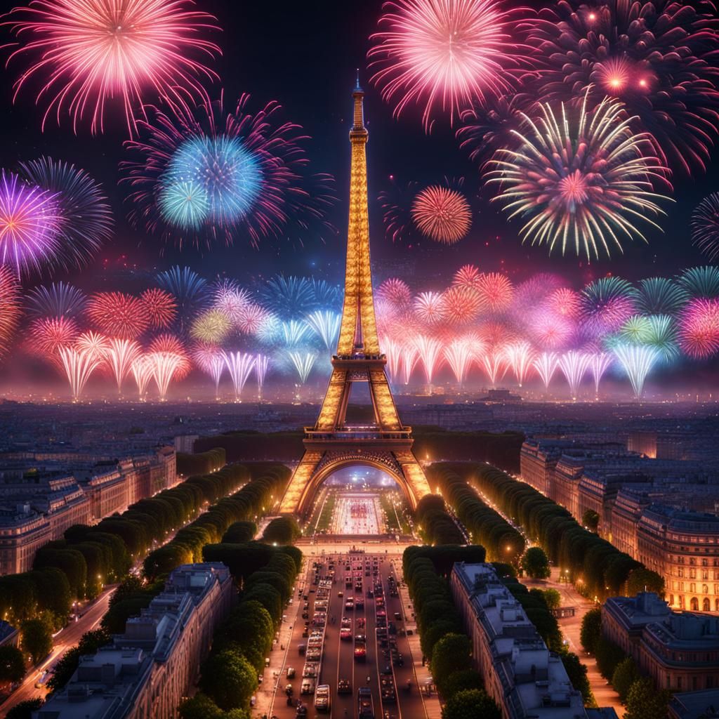 Paris Fireworks Celebration in 3D Game Style