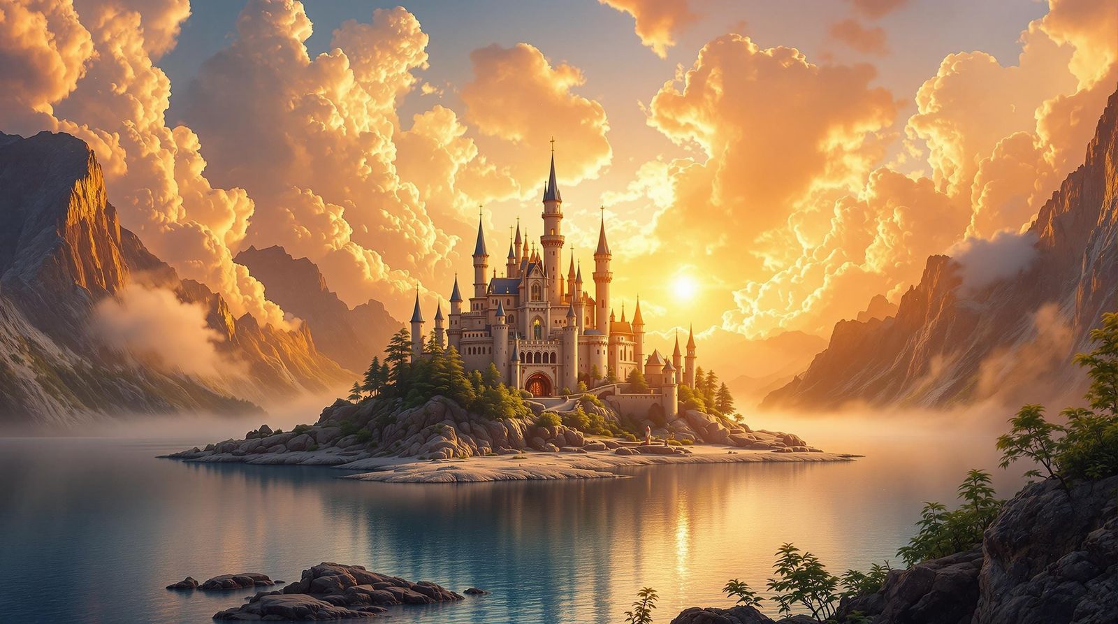 Fantasy Castle on Lake at Dawn in Filmic Photography