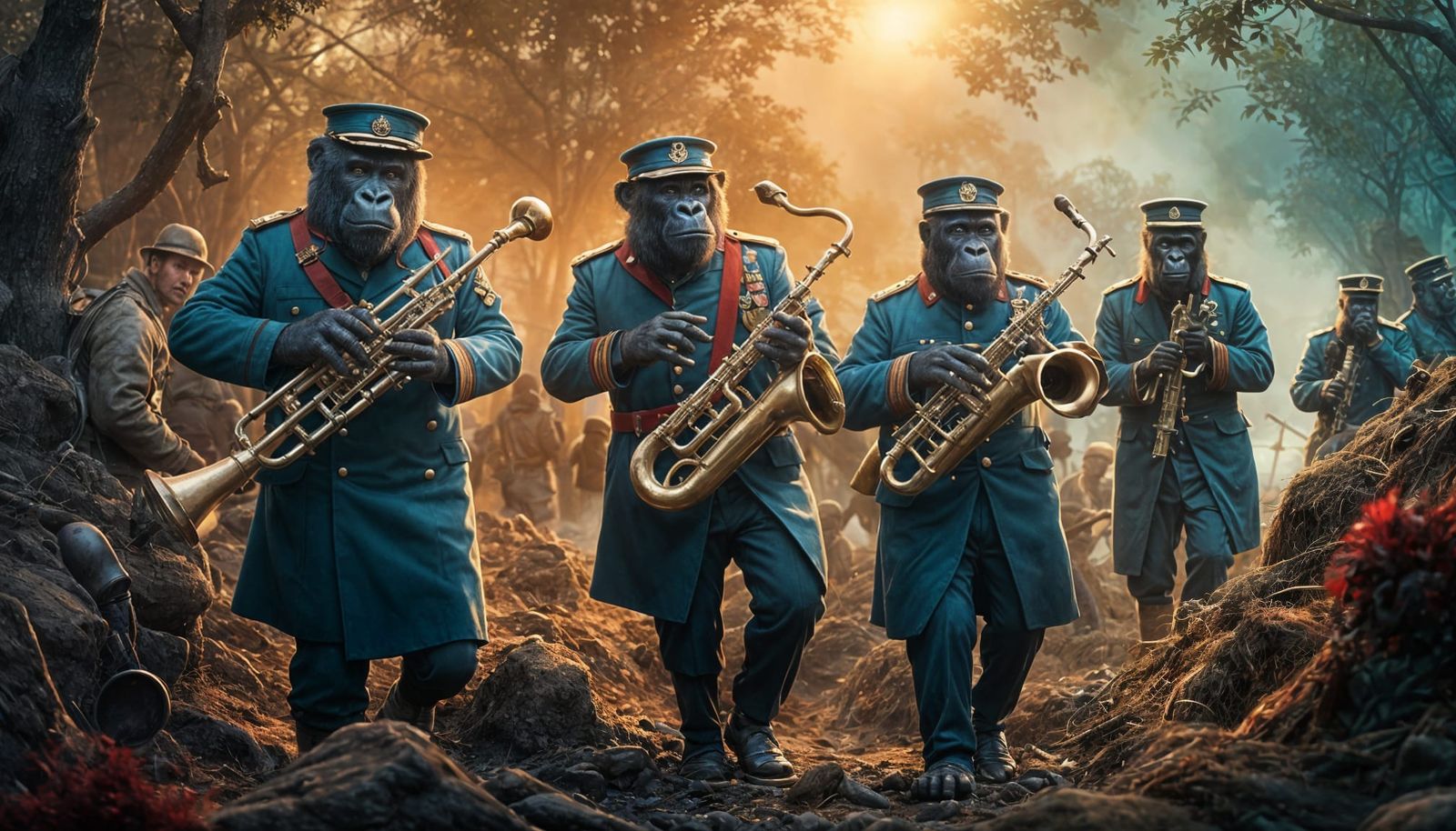 Gorilla Jazz Band in WWI Trench, Detailed Matte Painting
