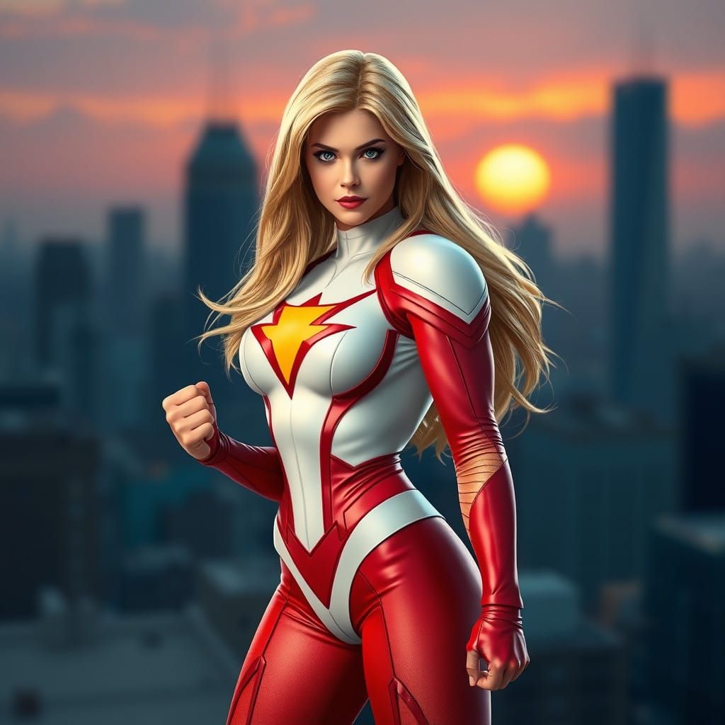 Ultrarealistic DC Comics Powergirl Portrait in Dynamic Stanc...