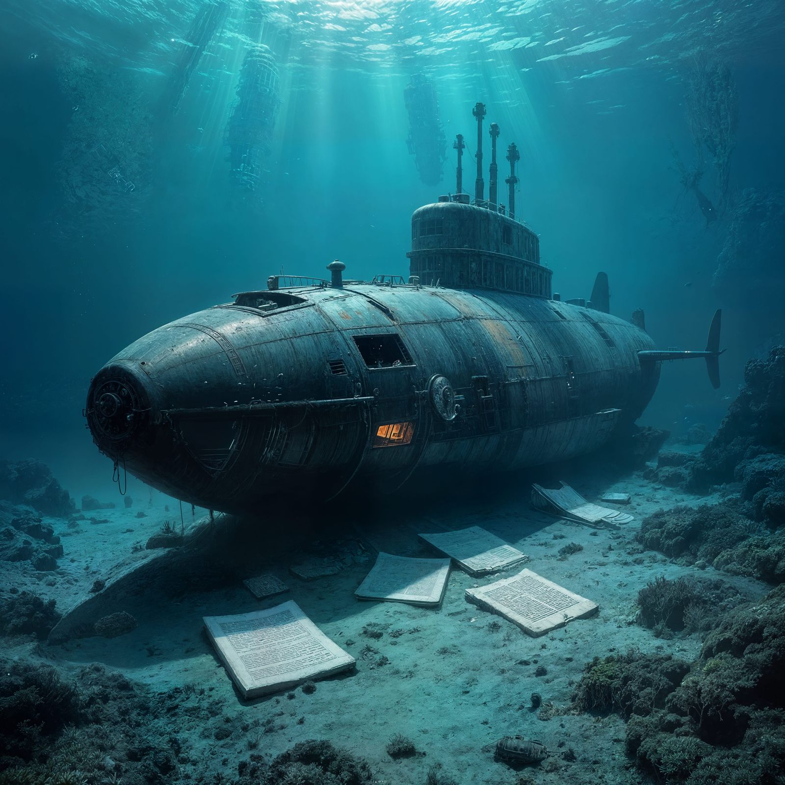 Submarine on Ocean Floor Amidst Bioluminescent Flora