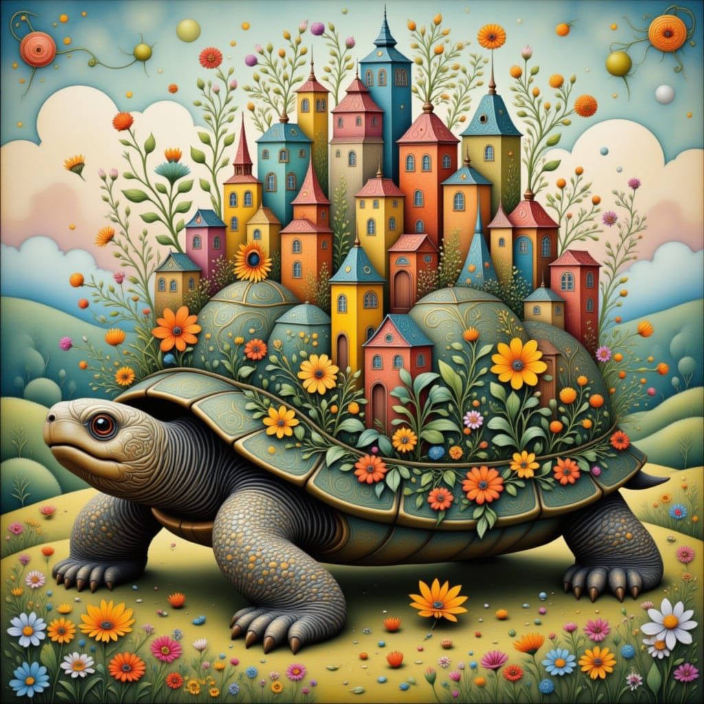 Floral Turtle City in Folk Art Nouveau Style
