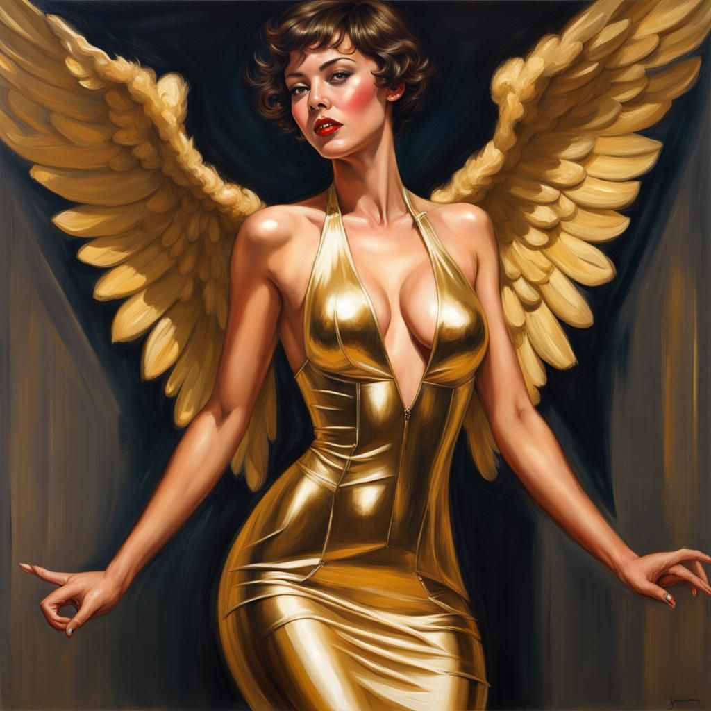 Brunette Angel in Gold Latex Gown: Oil Painting