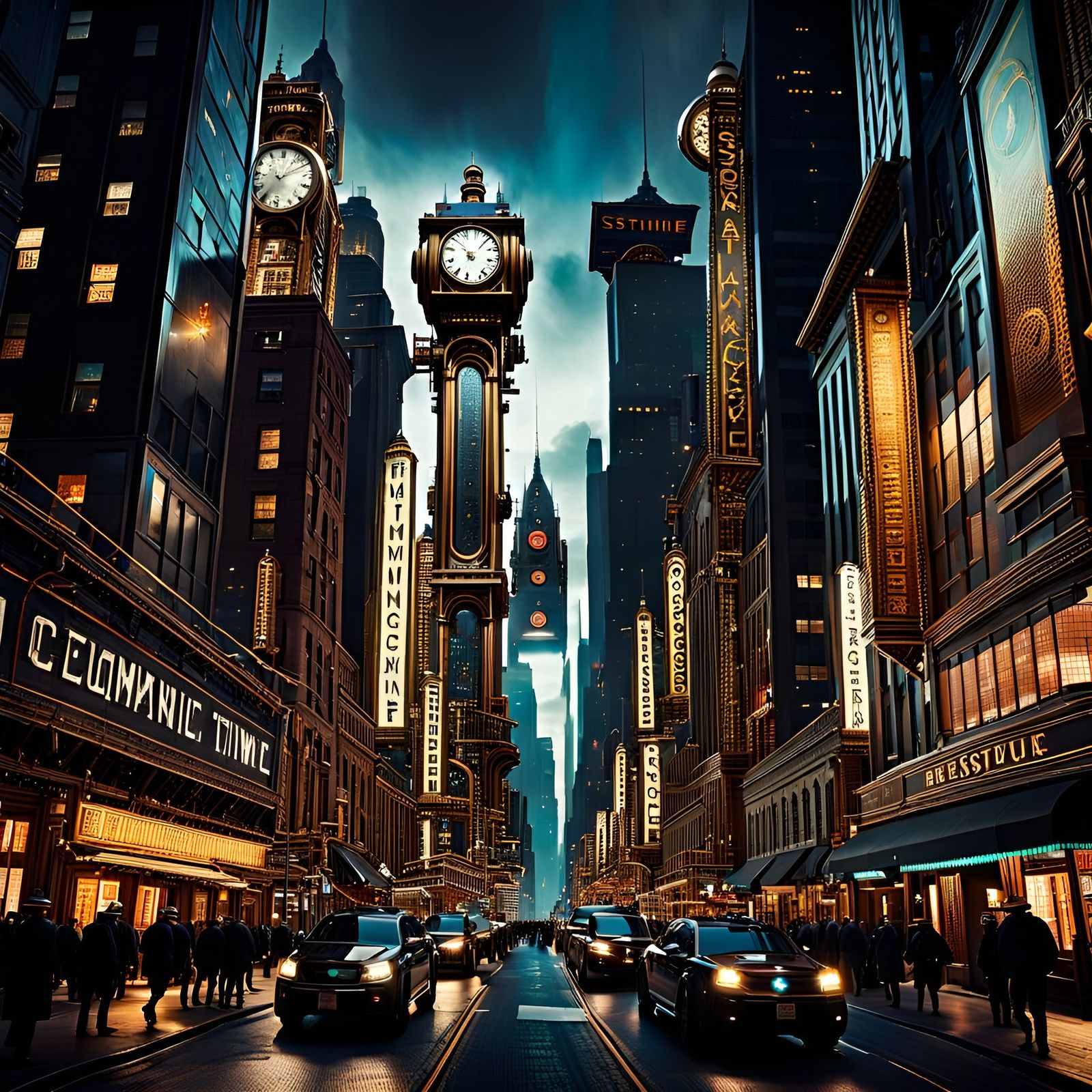 Steampunk Cityscape at Night in Ambient Lighting