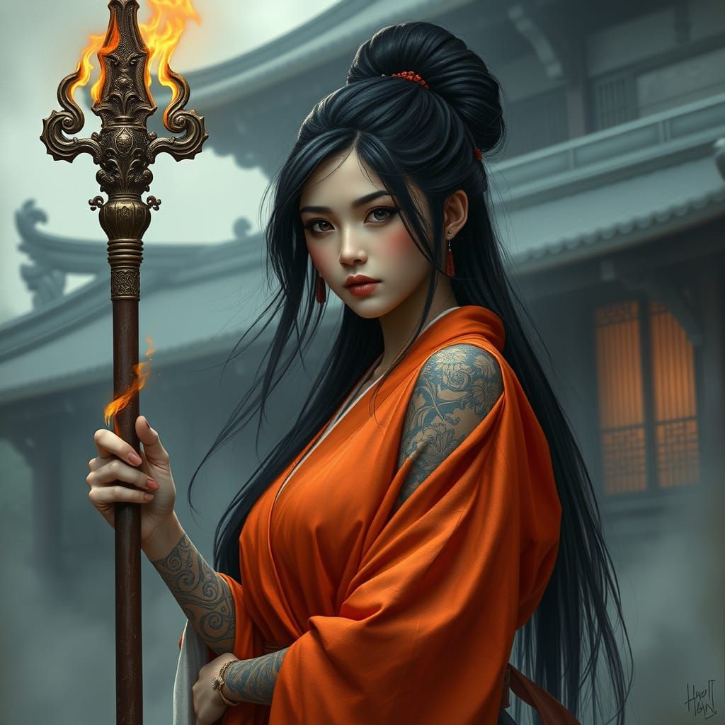 Woman in Kimono with Flaming Staff: Fantasy Art
