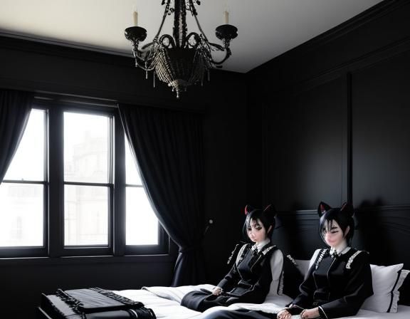 Gothic Twin Kitsunes Kissing in Bedroom