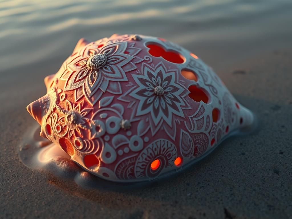 Seashell Mandala on Beach with Hyperrealistic Details