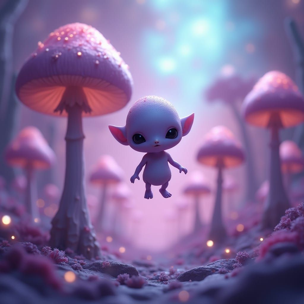 Whimsical, Pastel-Hued Alien World with Levitating Creature