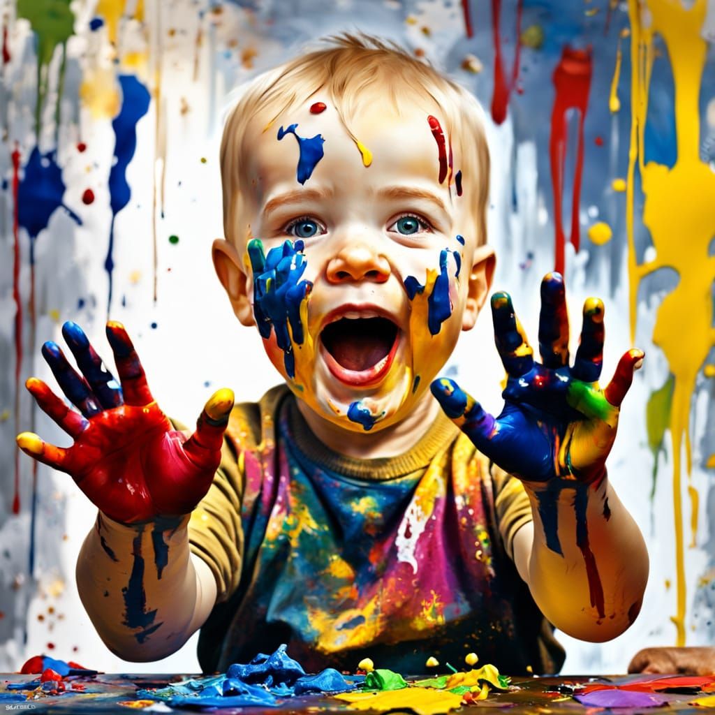 Joyful Toddler's Colorful Expressionist Painting
