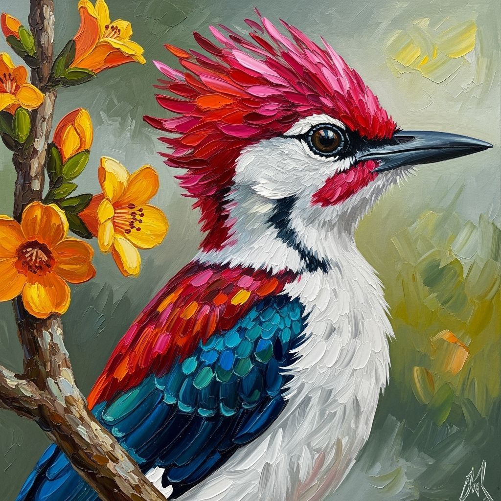 Crimson Crested Bird Portrait in Impasto Style