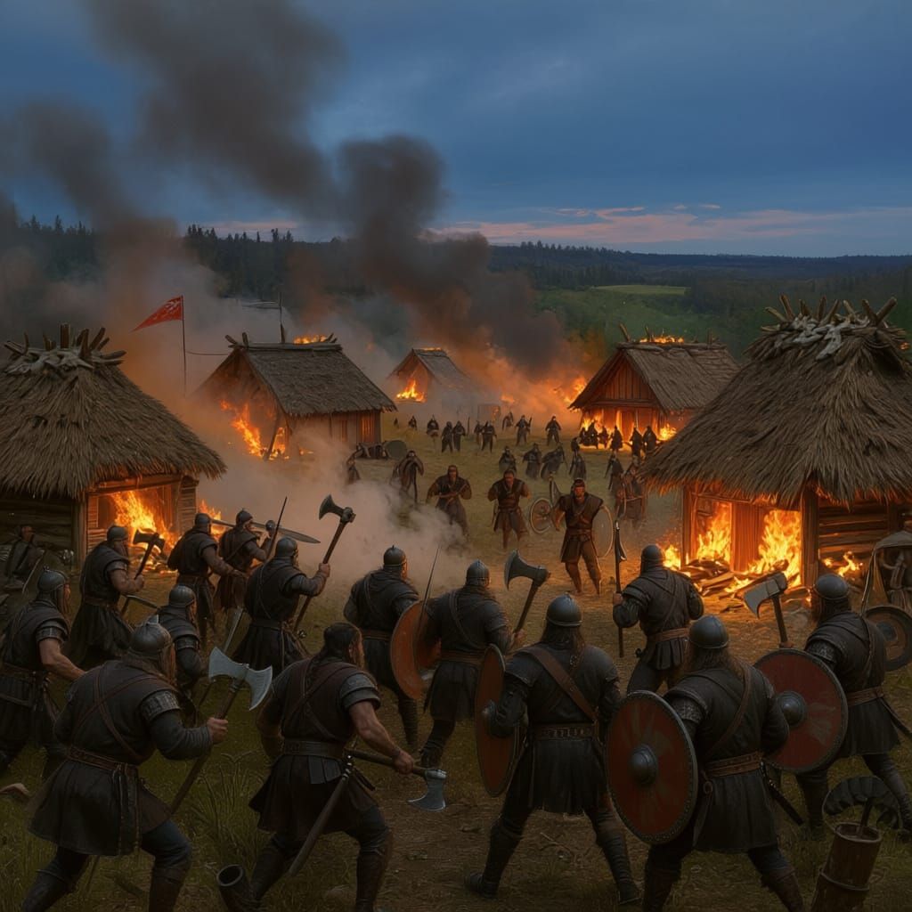 Fierce Viking Raiders Attack Burning Village