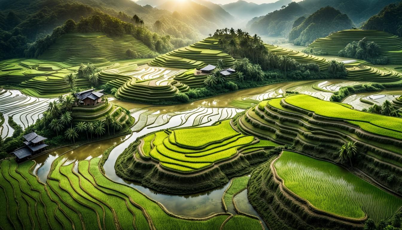 Hyperrealistic Fantasy Rice Paddy Valley Aerial View