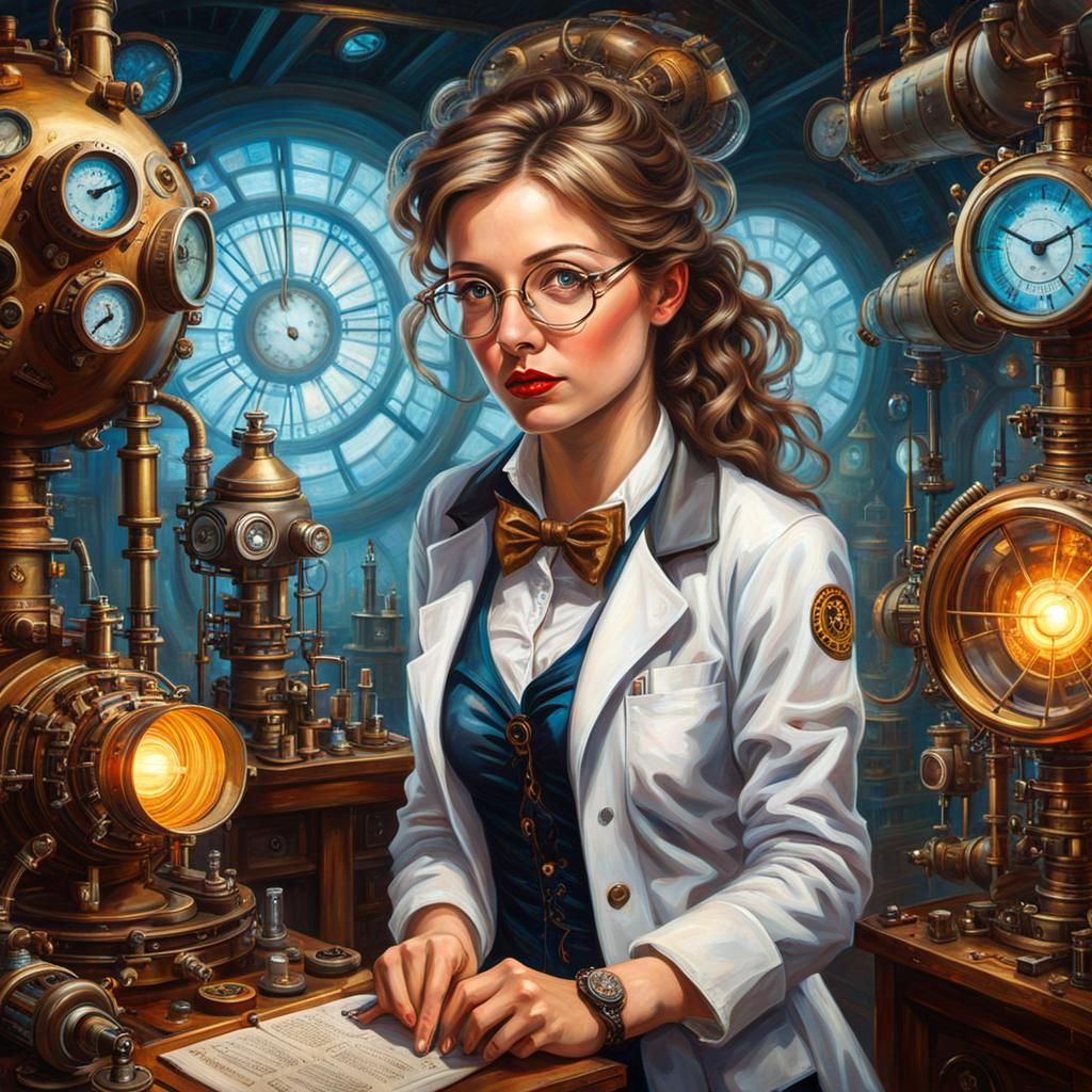 Beautiful risqué flirtatious Female mad scientist wearing gl...