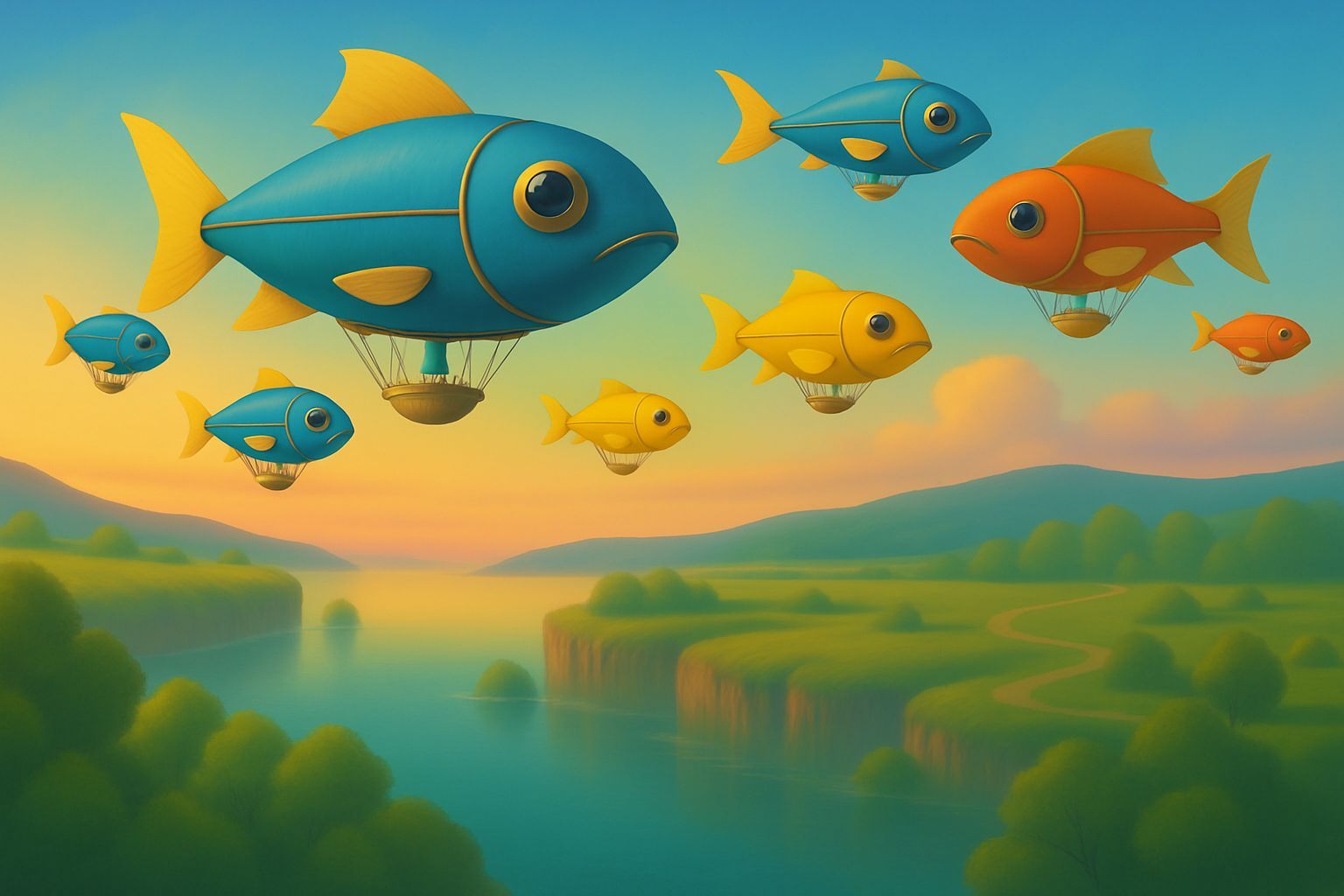 Airbrushed Landscape with Fish Airships