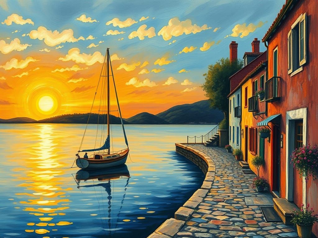 Sailboat at Sunset in Naive Folk-Art Style